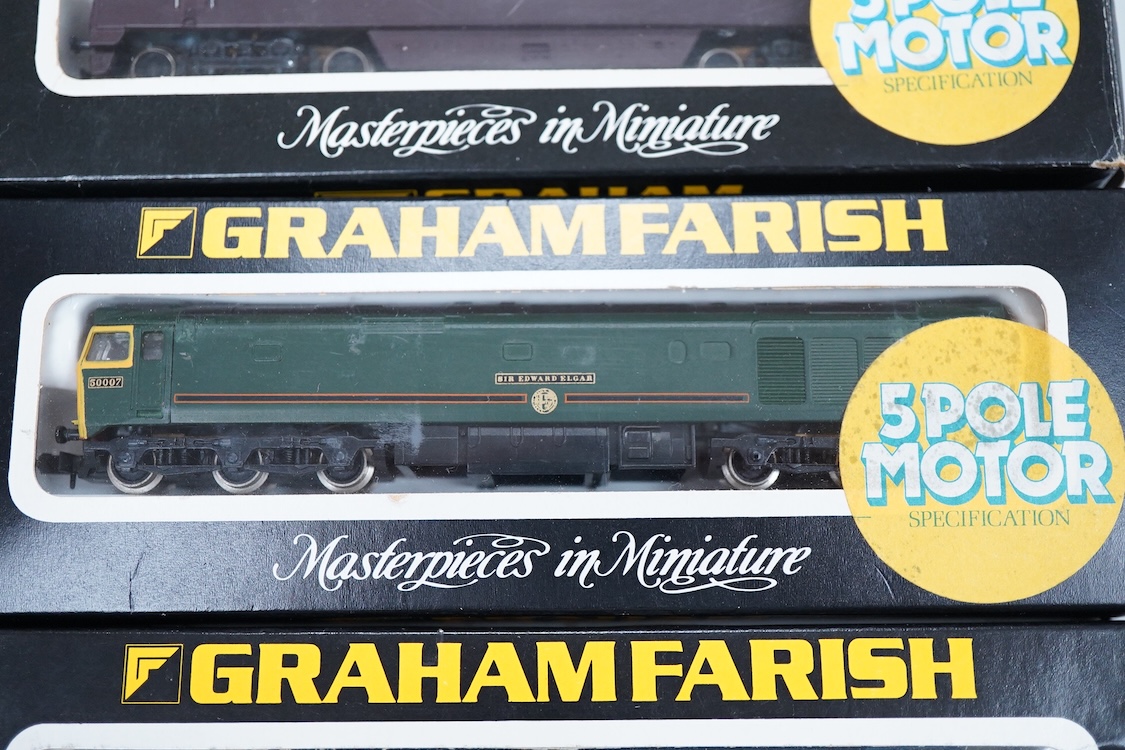 Four boxed Graham Farish N gauge railway diesel locomotives; a BR class 50, Sir Edward Elgar 50007 (8406), a BR class 52, Western Courier D1062 (8426), a BR class 55, The Black Watch 55013, (8415) and a Porterbrook class